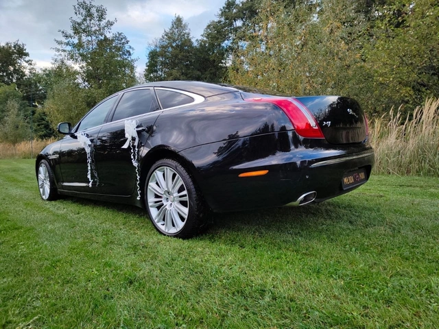 Biała dekoracja ślubna na masce eleganckiego Jaguara